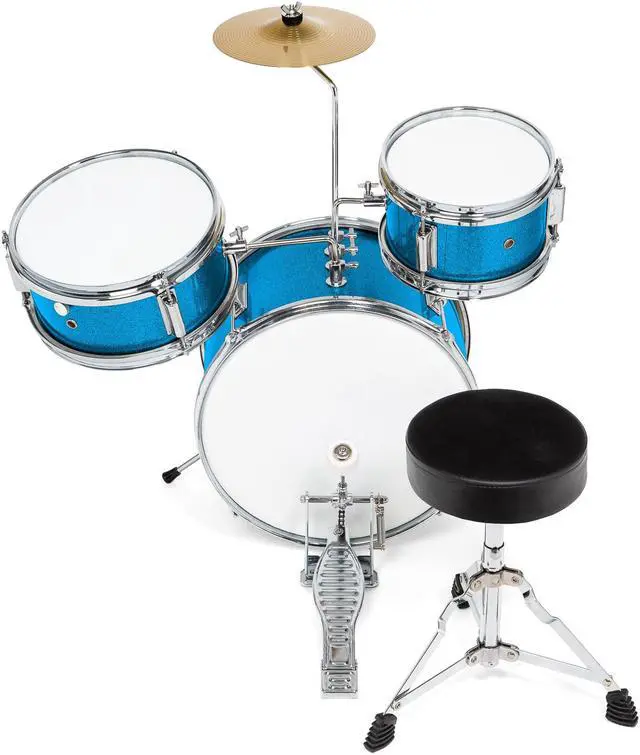 Alt view image 3 of 6 - Ashthorpe 3-Piece Complete Kids Drum Set - Beginner Kit with 14" Bass, Adjustable Throne, Cymbal, Pedal & Drumsticks - Blue