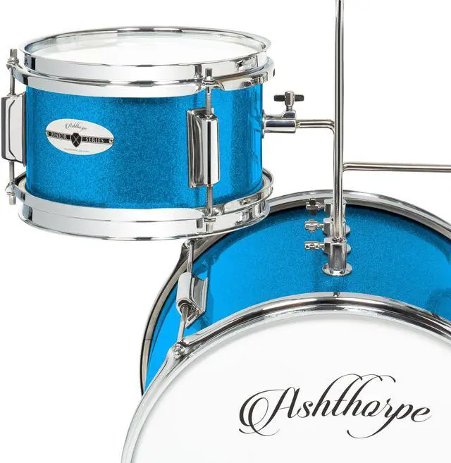 Alt view image 4 of 6 - Ashthorpe 3-Piece Complete Kids Drum Set - Beginner Kit with 14" Bass, Adjustable Throne, Cymbal, Pedal & Drumsticks - Blue