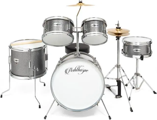 Alt view image 2 of 6 - Ashthorpe 5-Piece Complete Junior Drum Set with Genuine Brass Cymbals - Advanced Beginner Kit with 16" Bass, Adjustable Throne, Cymbals, Hi-Hats, Pedals & Drumsticks - Silver