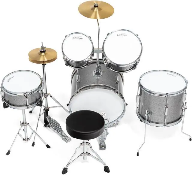 Alt view image 3 of 6 - Ashthorpe 5-Piece Complete Junior Drum Set with Genuine Brass Cymbals - Advanced Beginner Kit with 16" Bass, Adjustable Throne, Cymbals, Hi-Hats, Pedals & Drumsticks - Silver