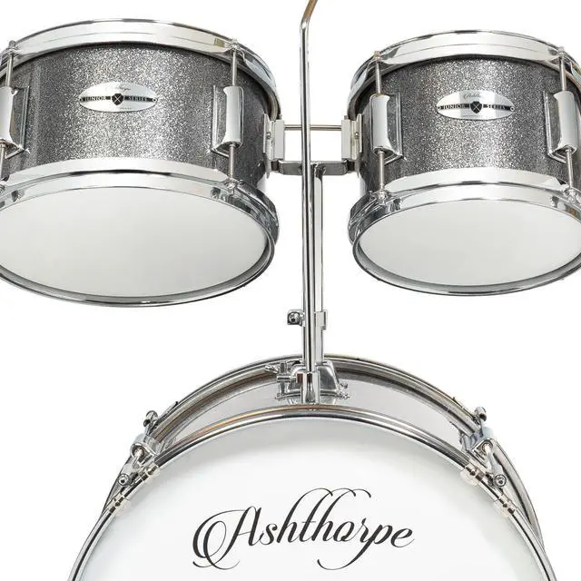 Alt view image 4 of 6 - Ashthorpe 5-Piece Complete Junior Drum Set with Genuine Brass Cymbals - Advanced Beginner Kit with 16" Bass, Adjustable Throne, Cymbals, Hi-Hats, Pedals & Drumsticks - Silver