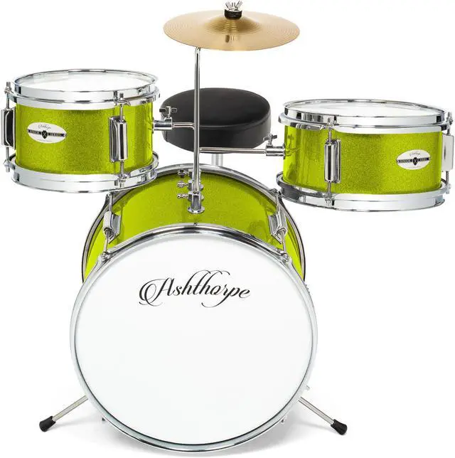 Alt view image 2 of 6 - Ashthorpe 3-Piece Complete Drum Set - Beginner Kit with 14" Bass, Adjustable Throne, Cymbal, Pedal & Drumsticks - Green