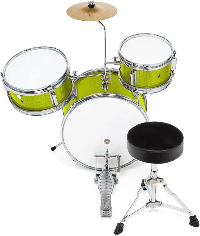 Alt view image 3 of 6 - Ashthorpe 3-Piece Complete Drum Set - Beginner Kit with 14" Bass, Adjustable Throne, Cymbal, Pedal & Drumsticks - Green
