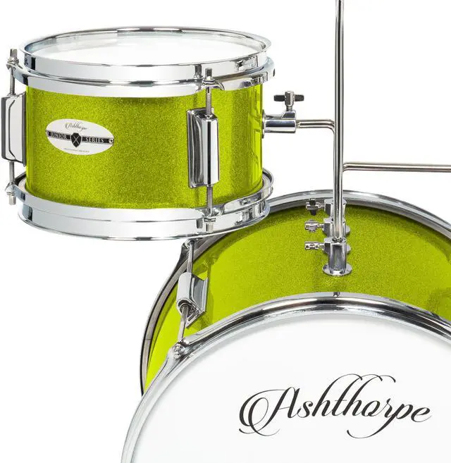 Alt view image 4 of 6 - Ashthorpe 3-Piece Complete Drum Set - Beginner Kit with 14" Bass, Adjustable Throne, Cymbal, Pedal & Drumsticks - Green