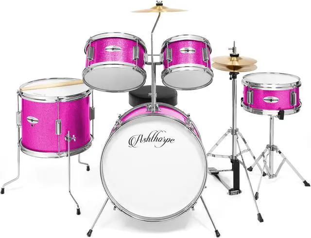 Alt view image 2 of 6 - Ashthorpe 5-Piece Complete Junior Drum Set with Genuine Brass Cymbals - Advanced Beginner Kit with 16" Bass, Adjustable Throne, Cymbals, Hi-Hats, Pedals & Drumsticks - Pink