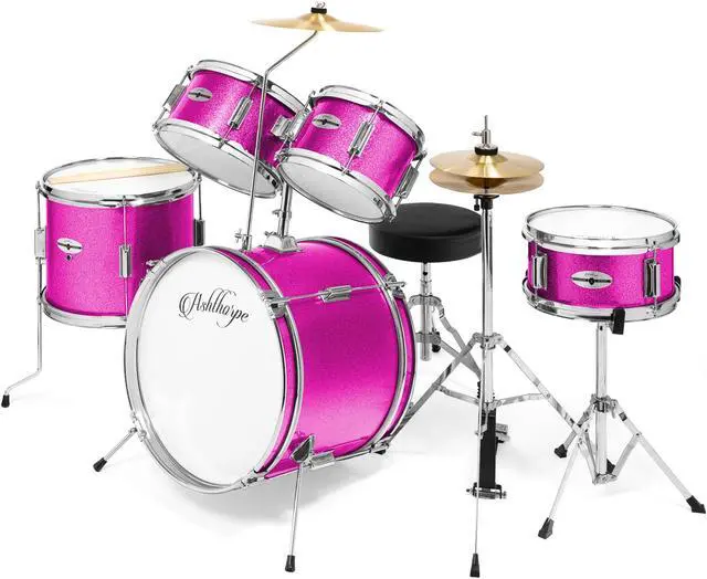 Main image of Ashthorpe 5-Piece Complete Junior Drum Set with Genuine Brass Cymbals - Advanced Beginner Kit with 16" Bass, Adjustable Throne, Cymbals, Hi-Hats, Pedals & Drumsticks - Pink