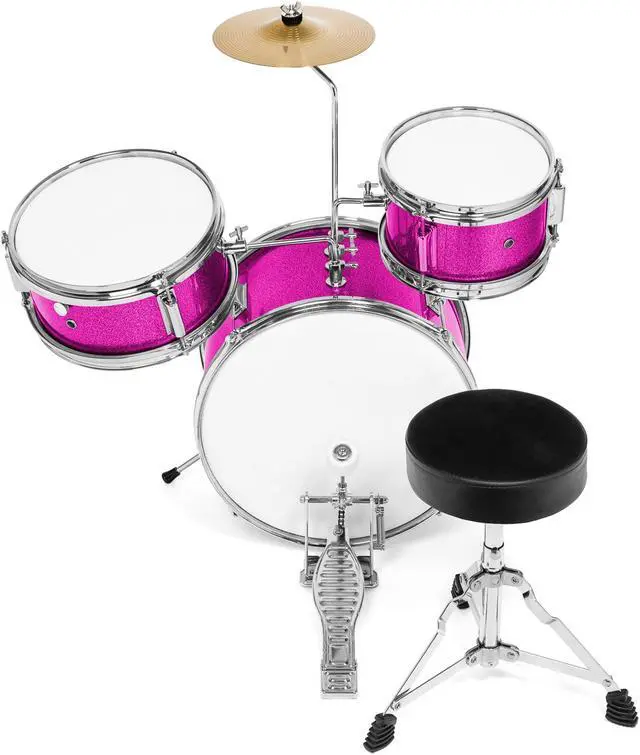 Alt view image 3 of 6 - Ashthorpe 3-Piece Complete Drum Set - Beginner Kit with 14" Bass, Adjustable Throne, Cymbal, Pedal & Drumsticks - Pink