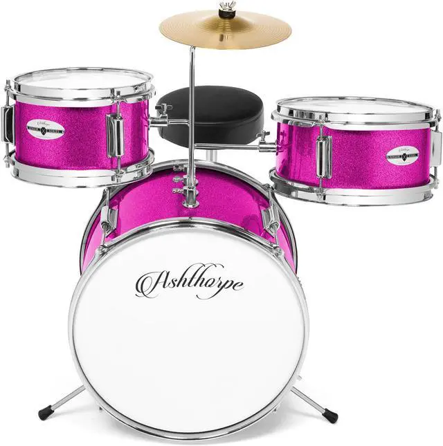 Alt view image 2 of 6 - Ashthorpe 3-Piece Complete Drum Set - Beginner Kit with 14" Bass, Adjustable Throne, Cymbal, Pedal & Drumsticks - Pink