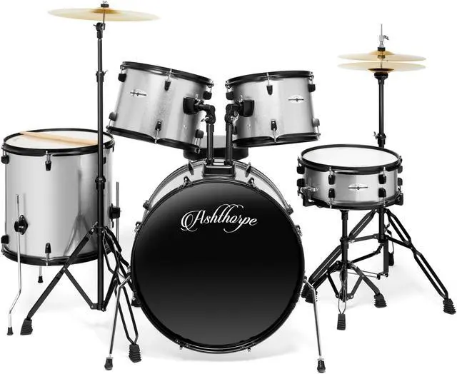 Alt view image 2 of 6 - Ashthorpe 5-Piece Complete Full Size Adult Drum Set with Remo Batter Heads - Silver