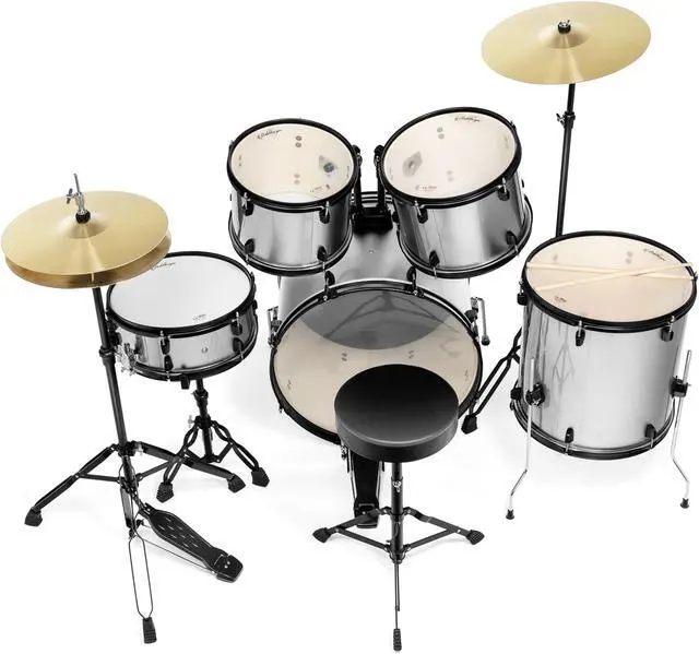 Alt view image 3 of 6 - Ashthorpe 5-Piece Complete Full Size Adult Drum Set with Remo Batter Heads - Silver