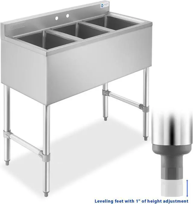 Alt view image 2 of 6 - GRIDMANN 3 Compartment Stainless Steel Bar Sink, NSF Commercial Kitchen Underbar Sink with 10" L x 14" W x 10" D Bowls for Restaurant, Laundry, Garage