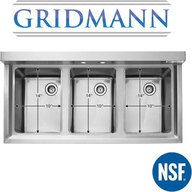 Alt view image 3 of 6 - GRIDMANN 3 Compartment Stainless Steel Bar Sink, NSF Commercial Kitchen Underbar Sink with 10" L x 14" W x 10" D Bowls for Restaurant, Laundry, Garage