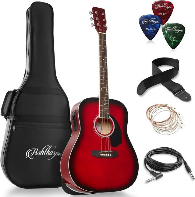 Main image of Ashthorpe Full-Size Dreadnought Acoustic-Electric Guitar Bundle - Premium Tonewoods - Red