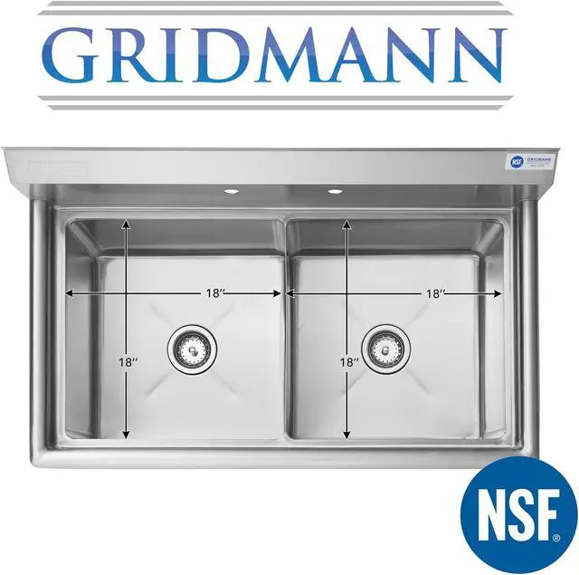 Alt view image 8 of 10 - GRIDMANN 2 Compartment Commercial Stainless Steel Utility Sink, NSF Certified Kitchen Prep Sink for Restaurant, Laundry, Garage