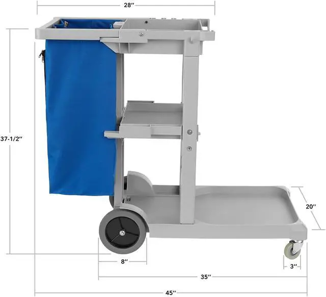Alt view image 6 of 6 - Dryser Commercial Janitorial Cleaning Cart on Wheels - Housekeeping Caddy with Shelves and Vinyl Bag