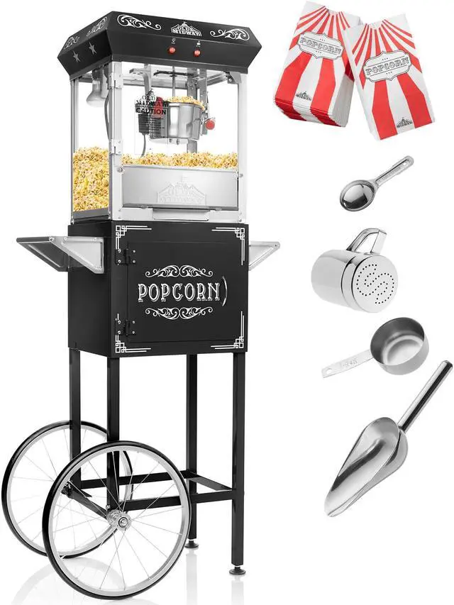 Alt view image 2 of 6 - Olde Midway Vintage Style Popcorn Machine with Cart, 4-Ounce Popcorn Maker Popper, Black