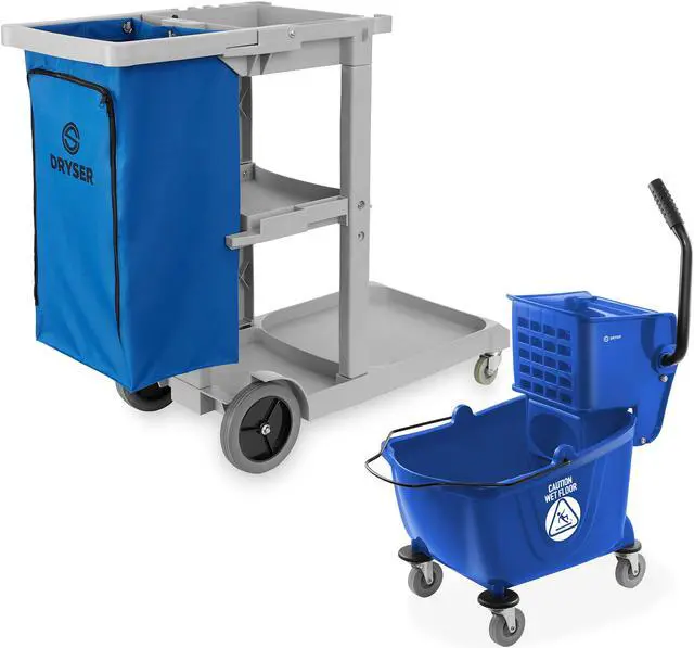 Main image of Dryser Commercial Janitorial Cleaning Cart on Wheels with Shelves and Vinyl Bag & Commercial Mop Bucket with Side Press Wringer, 26 Qt. Blue