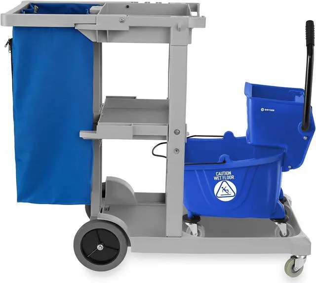 Alt view image 2 of 6 - Dryser Commercial Janitorial Cleaning Cart on Wheels with Shelves and Vinyl Bag & Commercial Mop Bucket with Side Press Wringer, 26 Qt. Blue