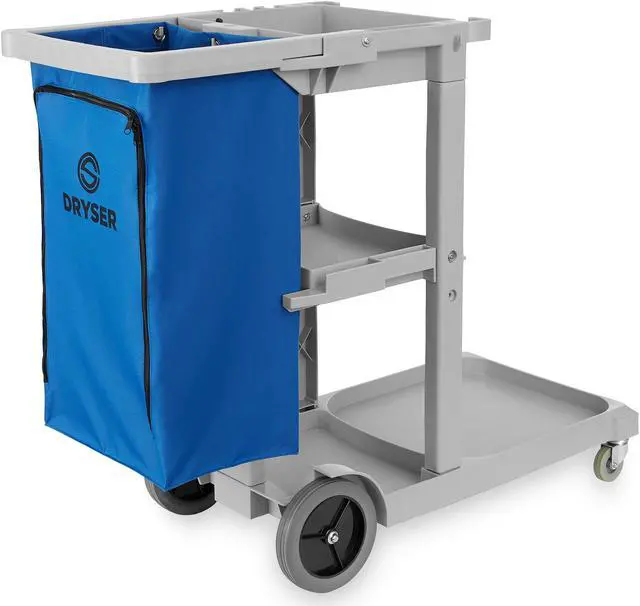 Alt view image 4 of 6 - Dryser Commercial Janitorial Cleaning Cart on Wheels with Shelves and Vinyl Bag & Commercial Mop Bucket with Side Press Wringer, 26 Qt. Blue