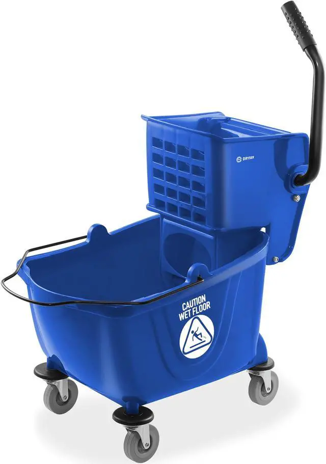 Alt view image 3 of 6 - Dryser Commercial Janitorial Cleaning Cart on Wheels with Shelves and Vinyl Bag & Commercial Mop Bucket with Side Press Wringer, 26 Qt. Blue