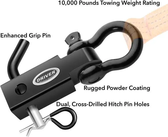 Alt view image 5 of 6 - Driver Recovery Products 2 Inch Shackle Hitch Receiver with 5/8" Hitch Pin - 5-Ton (10,000 Pound) Towing Capacity Accessory with 3/4" D-Ring