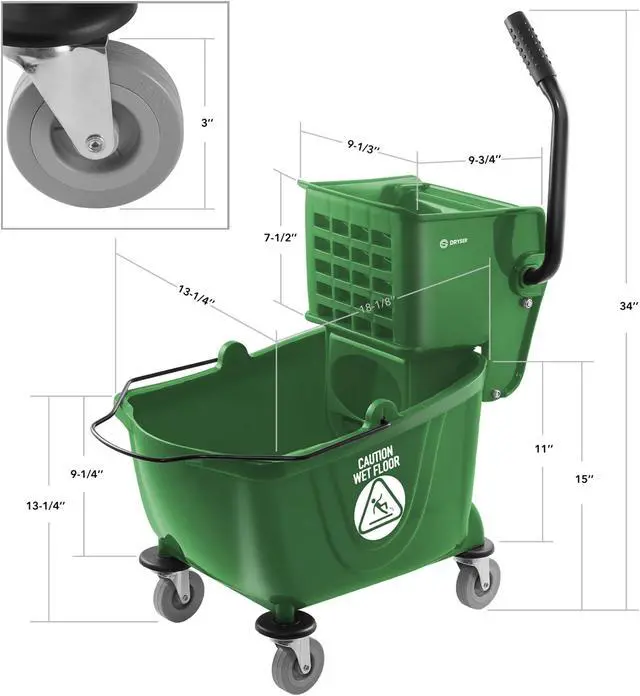 Alt view image 5 of 6 - Dryser Commercial Mop Bucket with Side Press Wringer, 26 Quart, Green