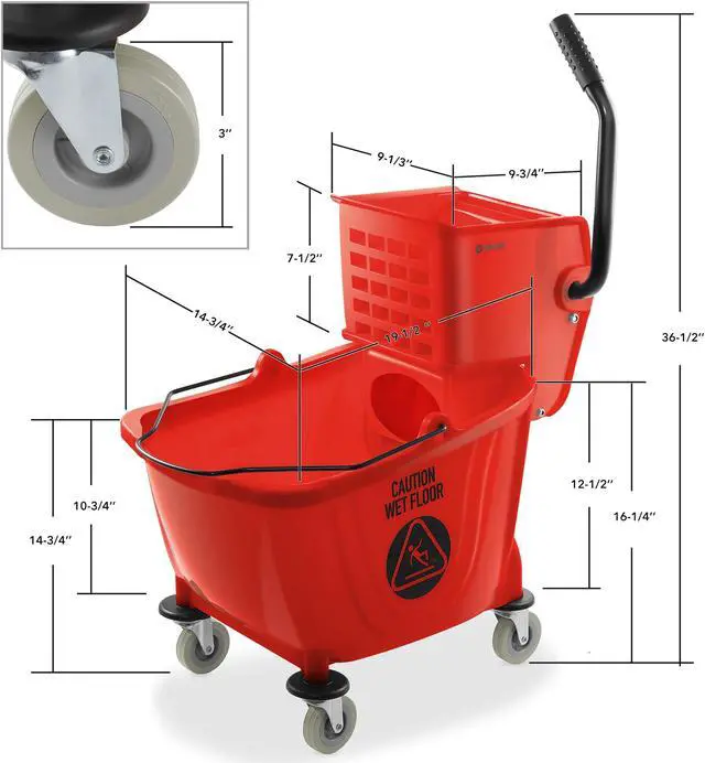Alt view image 5 of 6 - Dryser Commercial Side Press Wringer Combo Mop Bucket, 33 Quart, Red