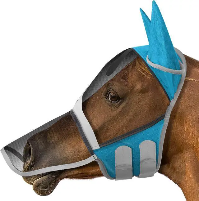 Main image of SmithBuilt Comfort Fly Mask with Ears and Long Nose for Horses (Teal, Cob) - Fleece Padding, Fine Mesh, UV Protection