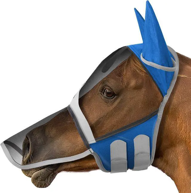 Main image of SmithBuilt Comfort Fly Mask with Ears and Long Nose for Horses (Blue, Pony) - Fleece Padding, Fine Mesh, UV Protection