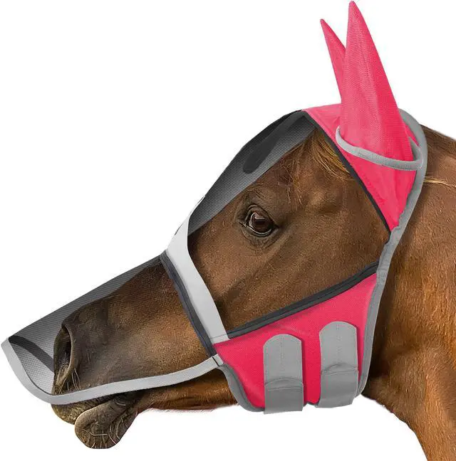 Main image of SmithBuilt Comfort Fly Mask with Ears and Long Nose for Horses (Pink, Pony) - Fleece Padding, Fine Mesh, UV Protection