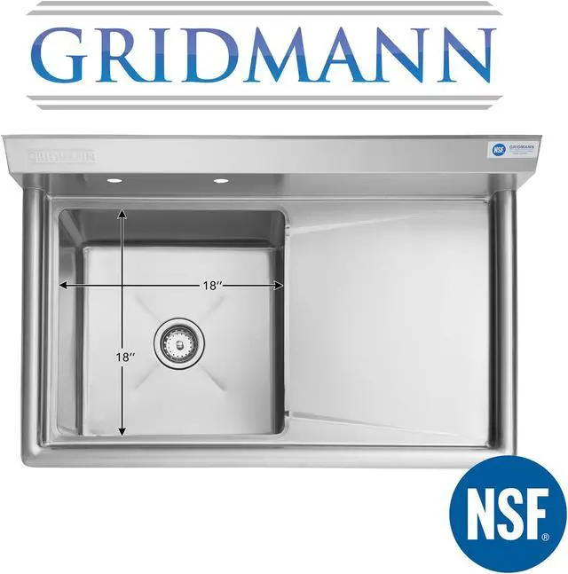 Alt view image 8 of 11 - GRIDMANN Stainless Steel 1 Compartment Utility Sink with Right Drainboard, NSF Certified Commercial Kitchen Sink, 18" x 18" x 12" Bowl