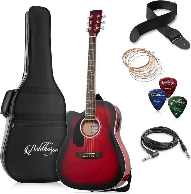 Main image of Ashthorpe Full-Size Left-Handed Dreadnought Cutaway Acoustic-Electric Guitar Bundle - Premium Tonewoods - Red