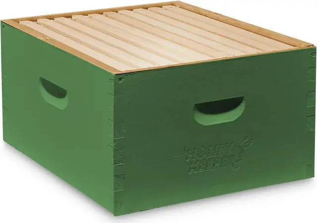 Main image of Honey Keeper Complete Deep Hive Body Kit, Painted and Assembled Beehive with 10-Frames, Green