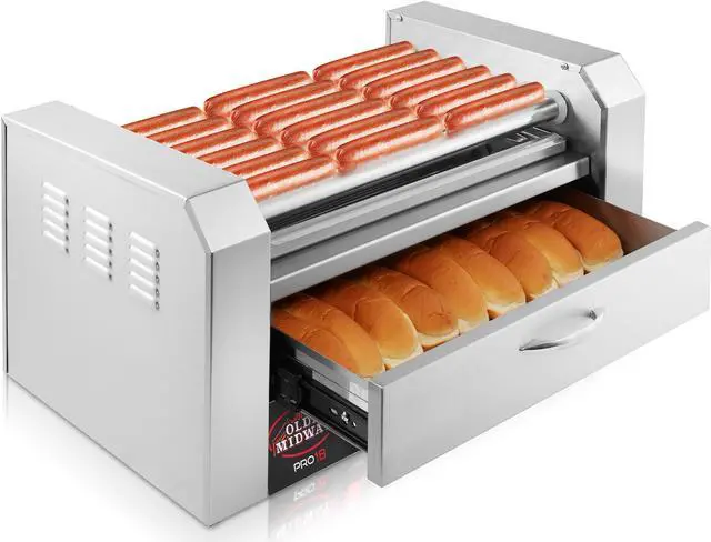 Alt view image 3 of 6 - Olde Midway Electric 18 Hot Dog 7 Roller Grill Cooker Machine with Bun Warming Drawer - Commercial Grade, Stainless Steel