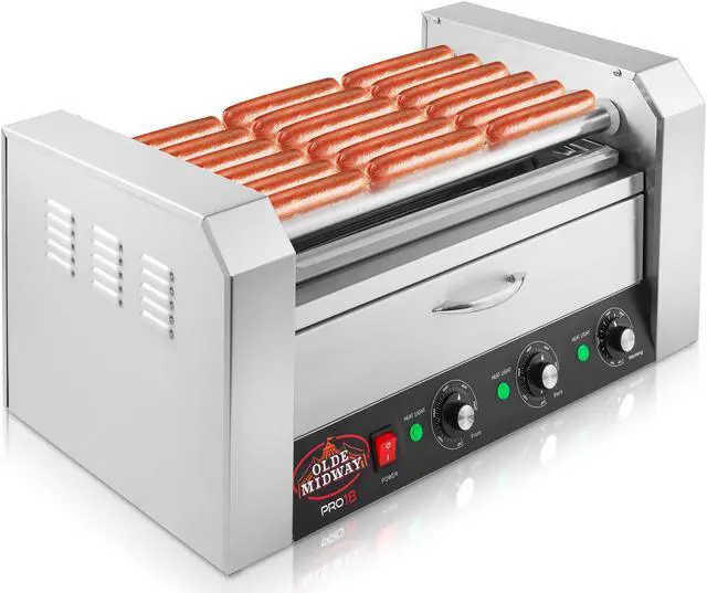 Main image of Olde Midway Electric 18 Hot Dog 7 Roller Grill Cooker Machine with Bun Warming Drawer - Commercial Grade, Stainless Steel