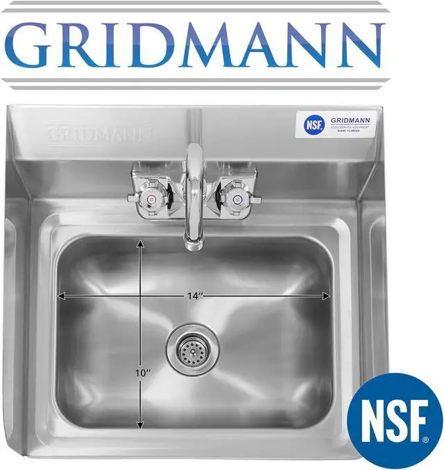 Alt view image 9 of 9 - GRIDMANN Commercial NSF Stainless Steel Sink with Faucet & Side Splashes - Wall Mount Hand Washing Basin