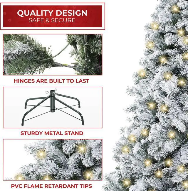 Alt view image 5 of 6 - Casafield 6FT Pre-Lit Realistic Snow-Flocked Pine Artificial Holiday Christmas Tree with Sturdy Metal Stand