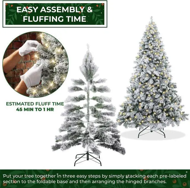 Alt view image 4 of 6 - Casafield 6FT Pre-Lit Realistic Snow-Flocked Pine Artificial Holiday Christmas Tree with Sturdy Metal Stand