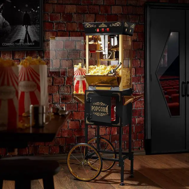 Alt view image 2 of 6 - Olde Midway Movie Theater-Style Popcorn Machine Maker with Cart and 8-Ounce Kettle - Black, Vintage-Style Popper on Wheels