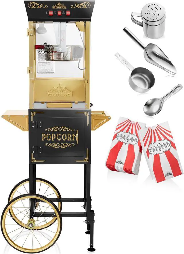 Alt view image 3 of 6 - Olde Midway Movie Theater-Style Popcorn Machine Maker with Cart and 8-Ounce Kettle - Black, Vintage-Style Popper on Wheels