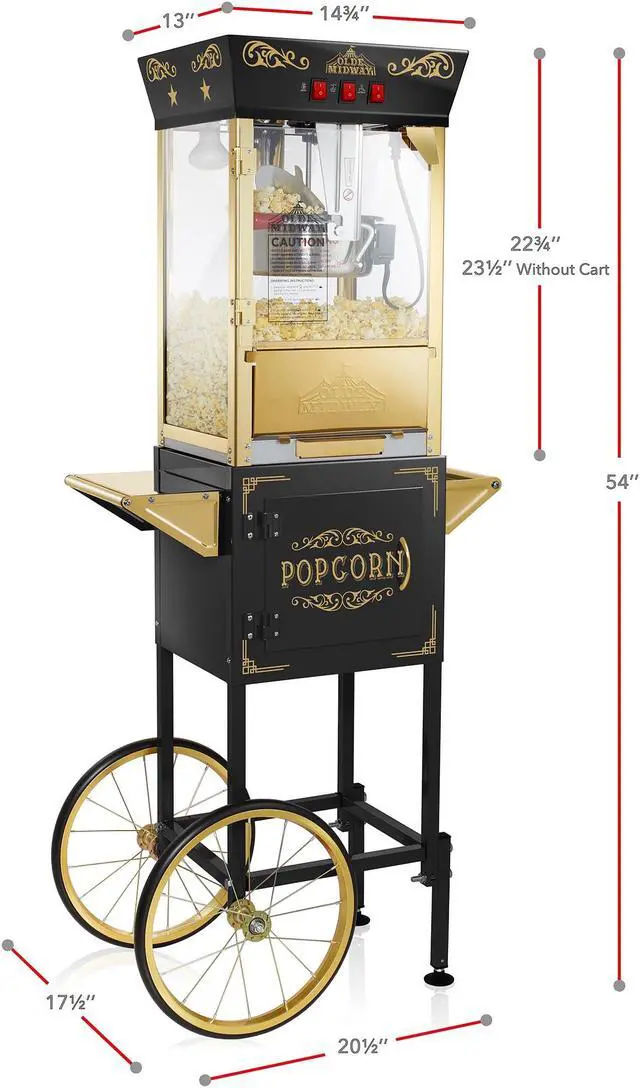 Alt view image 5 of 6 - Olde Midway Movie Theater-Style Popcorn Machine Maker with Cart and 8-Ounce Kettle - Black, Vintage-Style Popper on Wheels