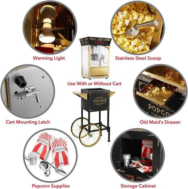 Alt view image 6 of 6 - Olde Midway Movie Theater-Style Popcorn Machine Maker with Cart and 8-Ounce Kettle - Black, Vintage-Style Popper on Wheels