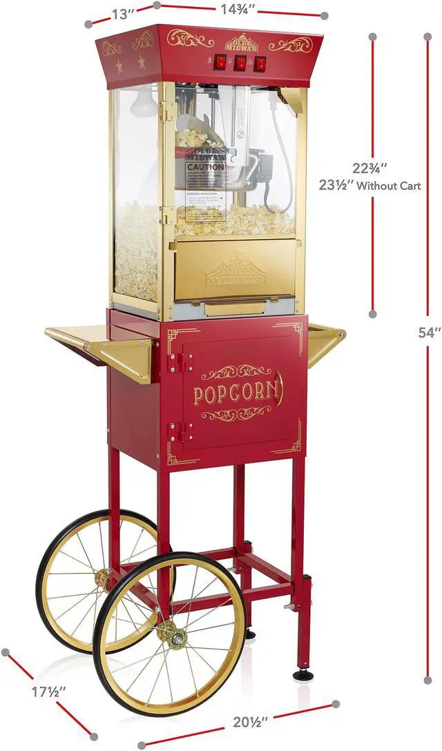 Alt view image 5 of 6 - Olde Midway Movie Theater-Style Popcorn Machine Maker with Cart and 8-Ounce Kettle - Red, Vintage-Style Popper on Wheels