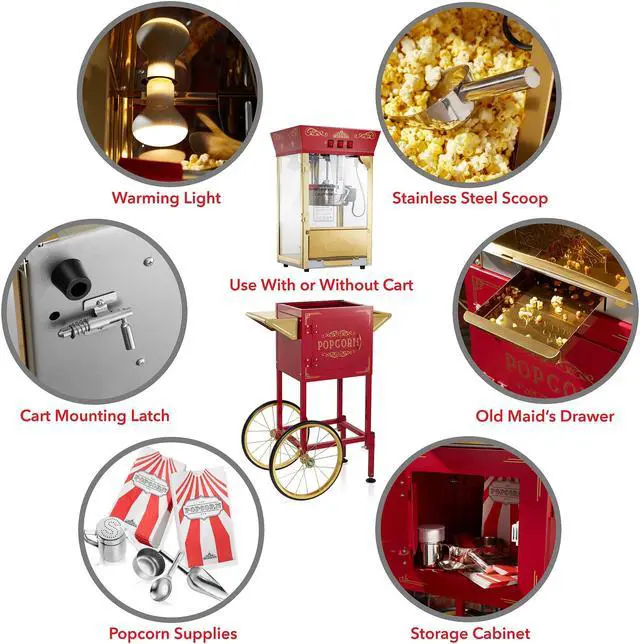Alt view image 6 of 6 - Olde Midway Movie Theater-Style Popcorn Machine Maker with Cart and 8-Ounce Kettle - Red, Vintage-Style Popper on Wheels