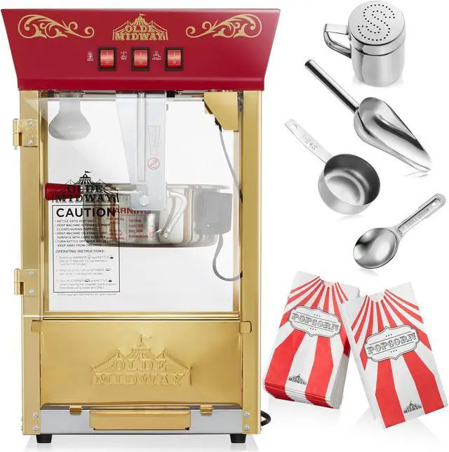 Alt view image 3 of 6 - Olde Midway Movie Theater-Style Popcorn Machine Maker with 10-Ounce Kettle - Red, Vintage-Style Countertop Popper