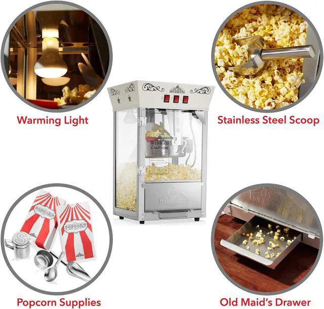 Alt view image 6 of 6 - Olde Midway Movie Theater-Style Popcorn Machine Maker with 8-Ounce Kettle - Cream, Vintage-Style Countertop Popper