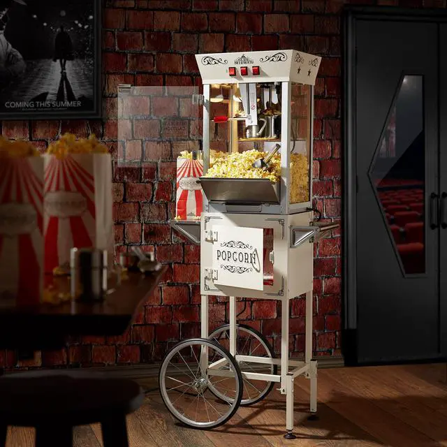 Alt view image 2 of 6 - Olde Midway Movie Theater-Style Popcorn Machine Maker with Cart and 8-Ounce Kettle - Cream, Vintage-Style Popper on Wheels