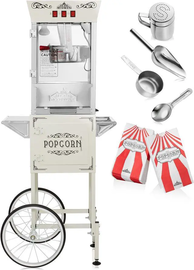 Alt view image 3 of 6 - Olde Midway Movie Theater-Style Popcorn Machine Maker with Cart and 8-Ounce Kettle - Cream, Vintage-Style Popper on Wheels