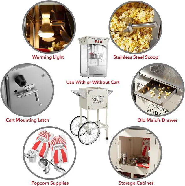 Alt view image 6 of 6 - Olde Midway Movie Theater-Style Popcorn Machine Maker with Cart and 8-Ounce Kettle - Cream, Vintage-Style Popper on Wheels