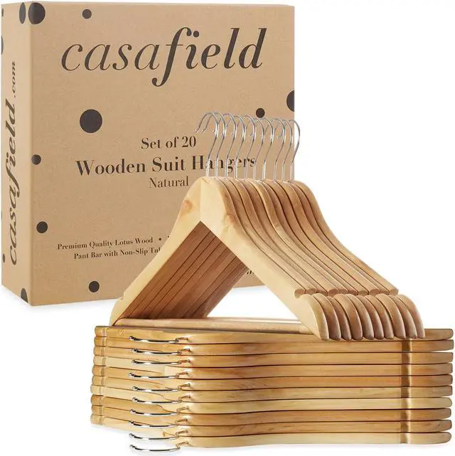 Alt view image 6 of 6 - Casafield - 20 Natural Wooden Suit Hangers - Premium Lotus Wood with Notches & Chrome Swivel Hook for Dress Clothes, Coats, Jackets, Pants, Shirts, Skirts